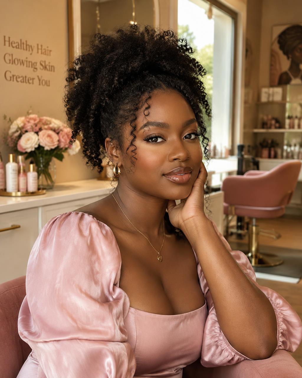 Femme souriante aux boucles naturelles dans le salon